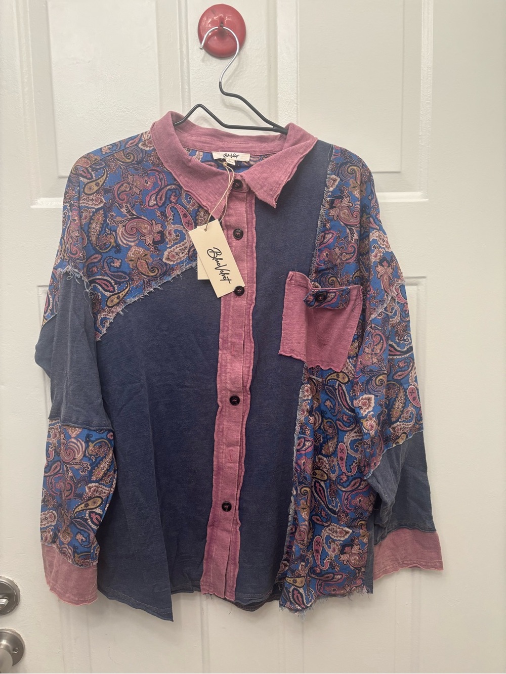 Blue Velvet Paisley Button-Down Shirt in Navy & Dusty Rose Shacket